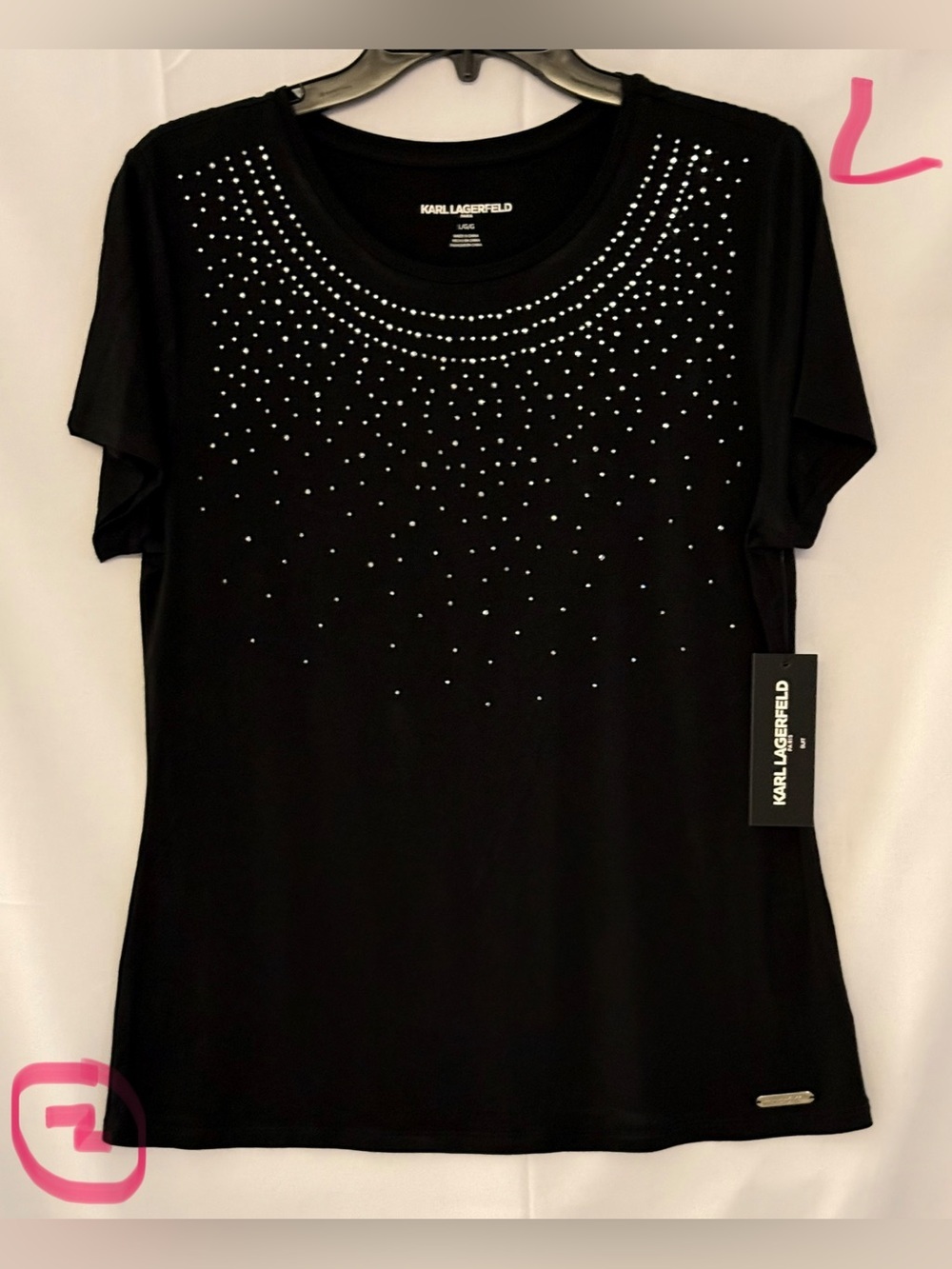 Karl Lagerfeld Black Short Sleeve Tee with Silver Stud Accents